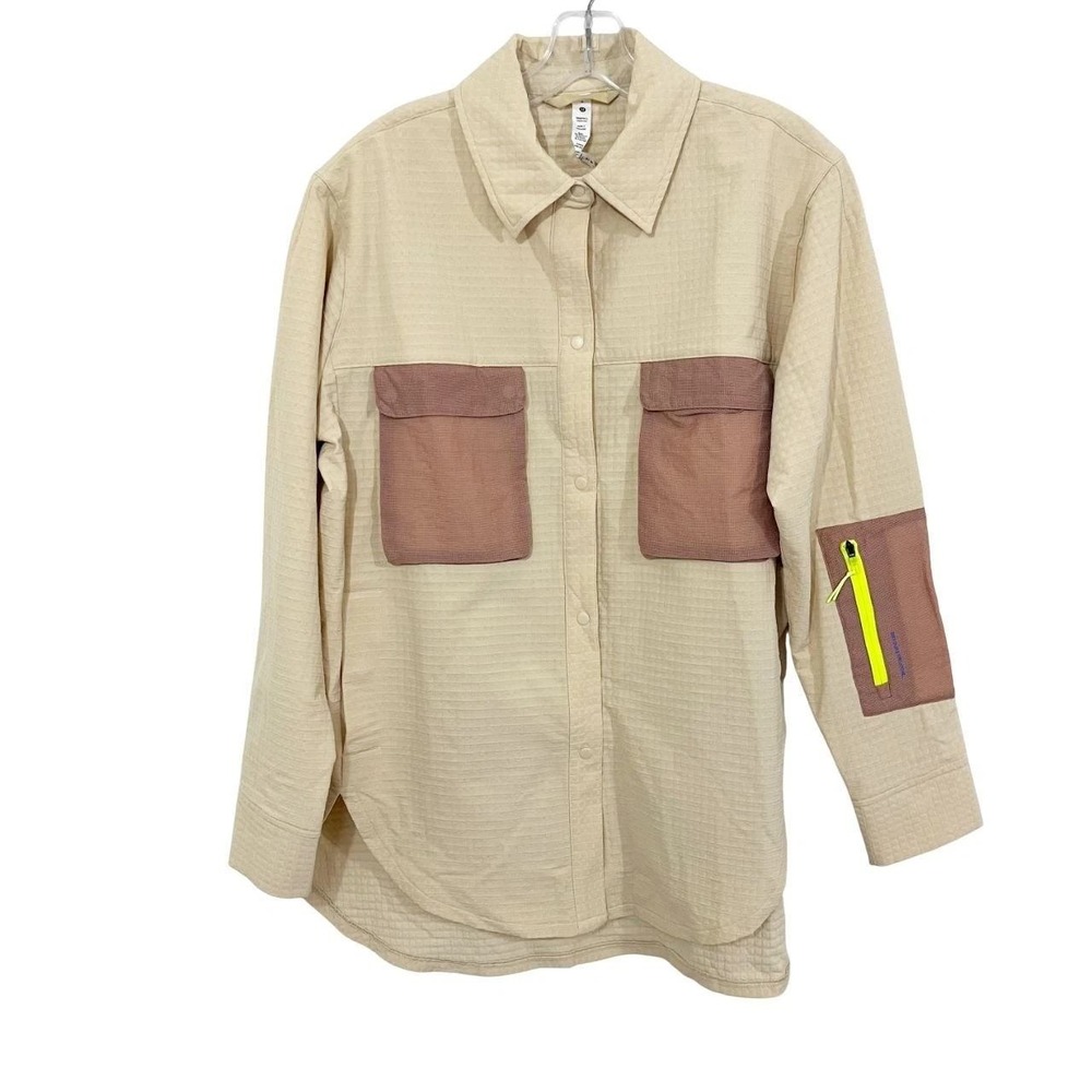 Lululemon Grid Fleece Hiking Overshirt Womens 8 Tan/Brown Snap Button Outdoors